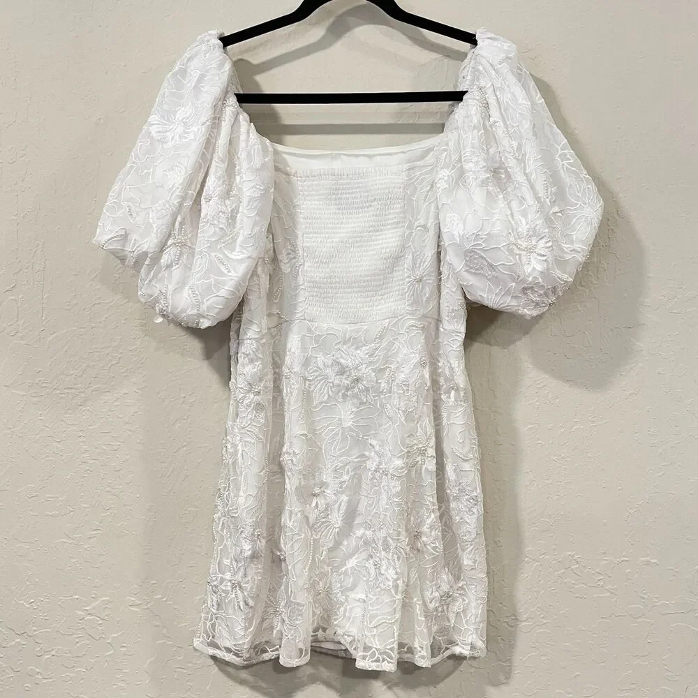 ~ BHLDN Lg 2in1 Mini Dress 3D Floral, Removable Puff-Sleeve Large Wedding Bridal - Picture 11 of 16